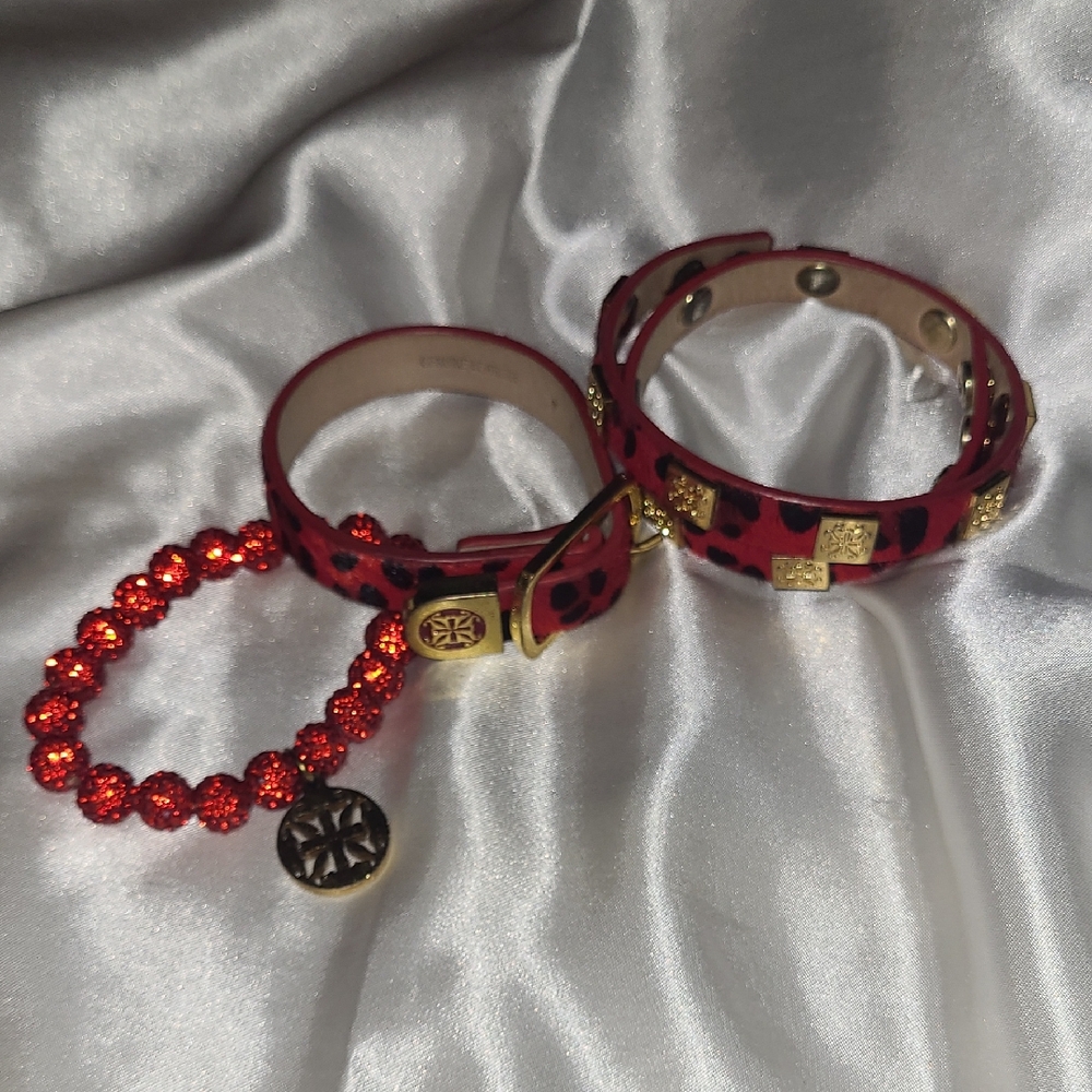 Rustic Cuff Red Leopard Print Bracelet Set With G… - image 1